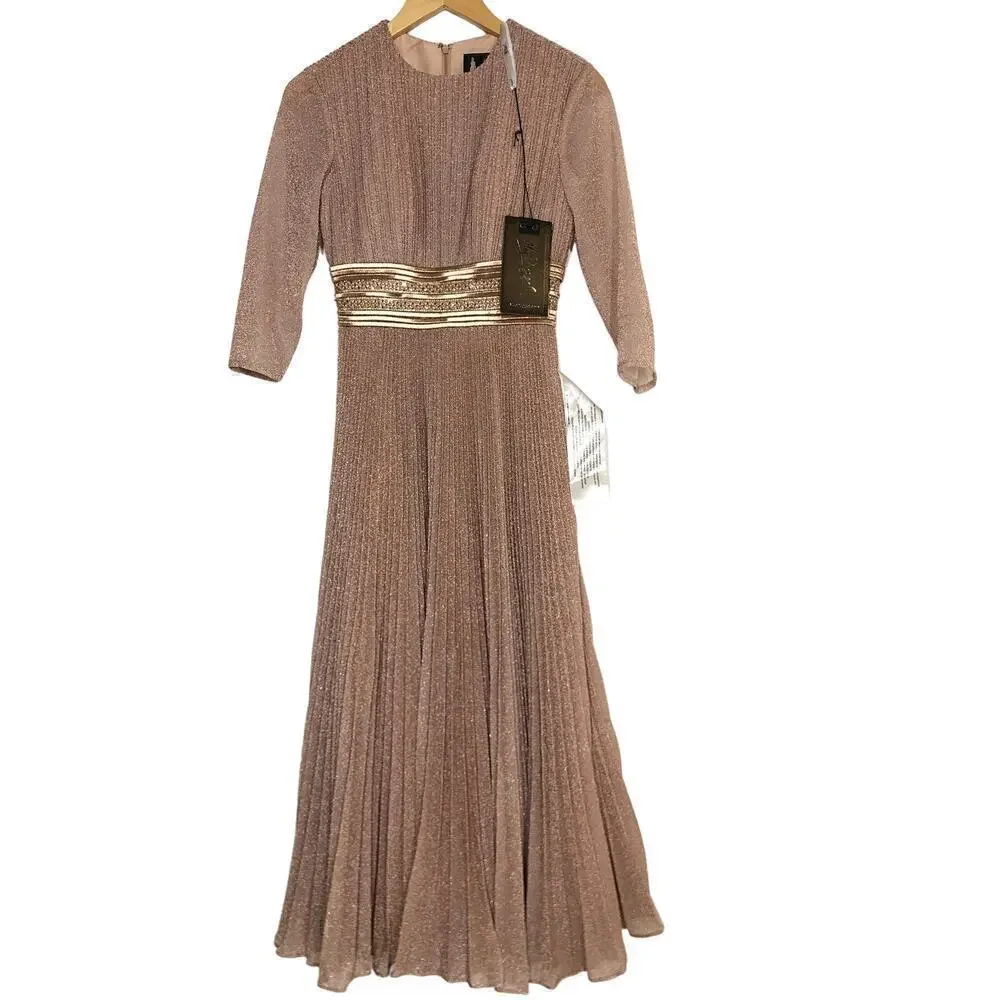 Mac Duggal 30750 Dress Shimmering 3/4 Sleeve Pleated A-Line Midi Rose Gold NWT 0